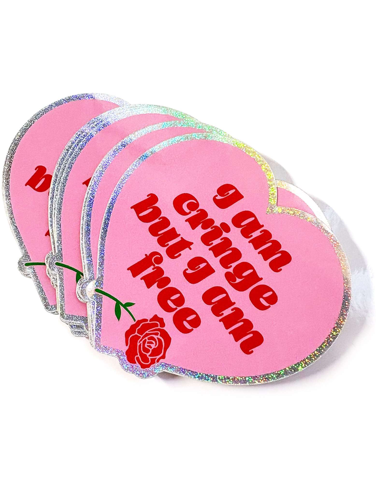 Holographic Glitter Heart Sticker – I Am Cringe But I Am Free Vinyl Sticker